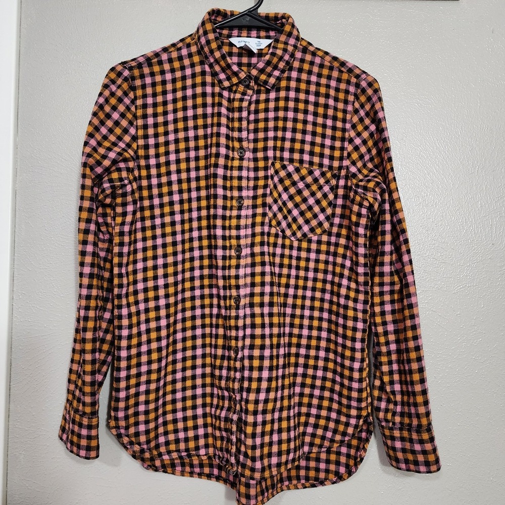 Old Navy Button Up Flannel Shirt Women Small Orange Pink Black Check Long Sleeve